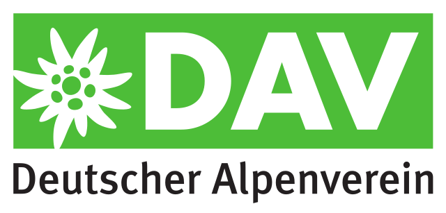 Logo vom Deutschen Alpenverein e. V. Das Logo ist hellgrün und weiß. Links ist eine Edelweiß Blume, daneben die Abkürzung DAV.