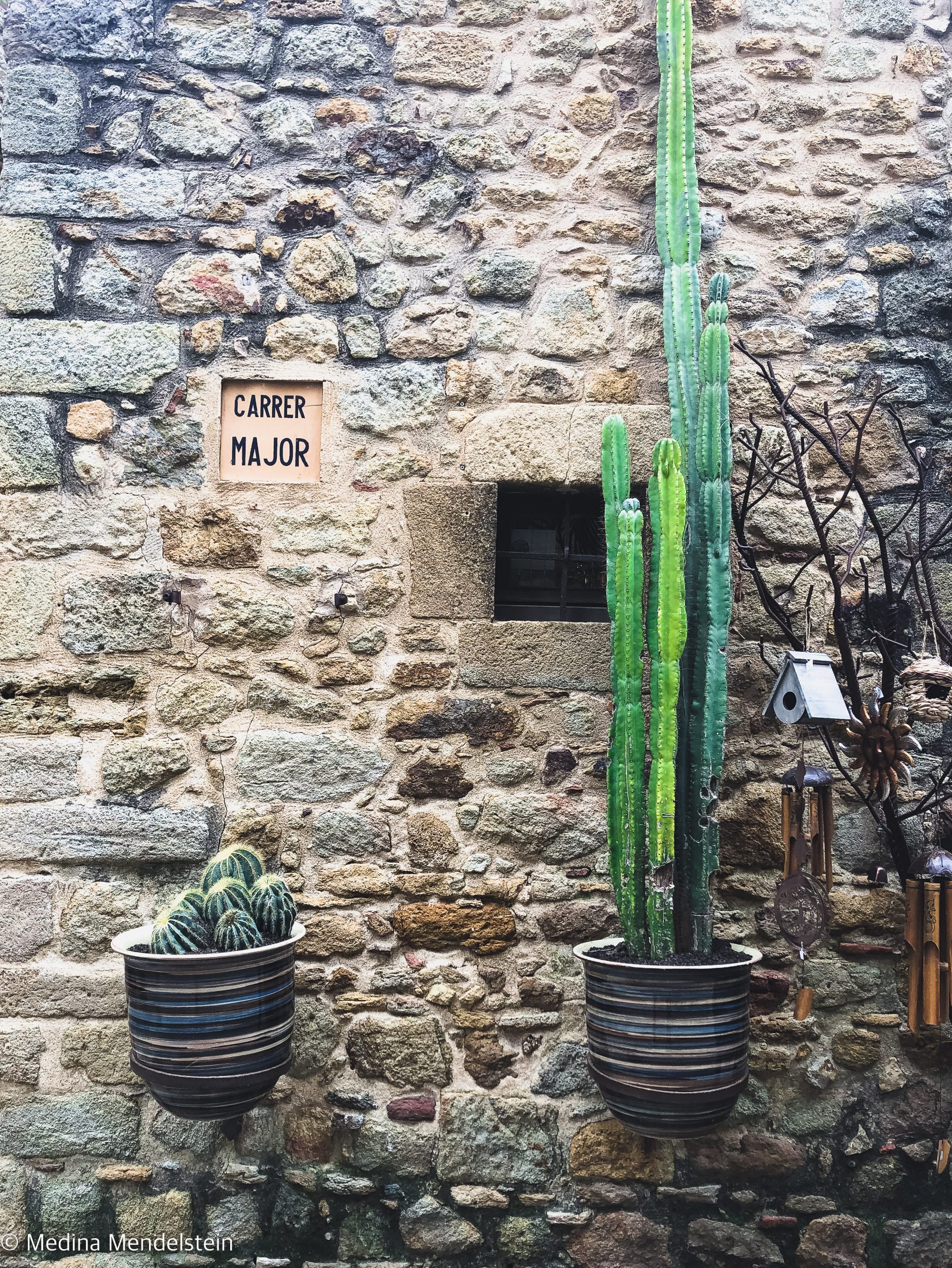 Fotografie aus Spanien, Europa: Eine Steinmauer, an ihr hängen Blumentöpfe, in denen Kakteen wachsen.