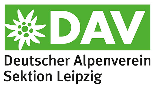 Logo vom Deutschen Alpenverein e. V. Sektion Leipzig. Das Logo ist hellgrün und weiß. Links ist eine Edelweiß Blume, daneben die Abkürzung DAV.